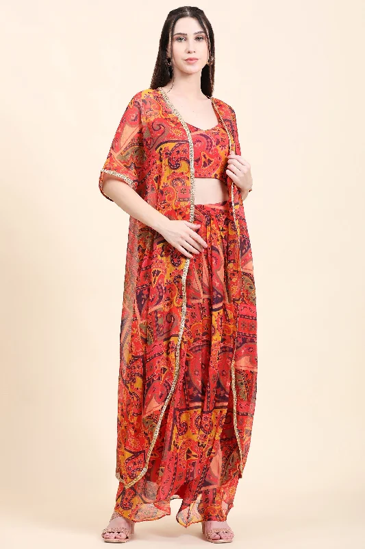 Women's Red base Multicolor print Chiffon Blouse, Cape, Dhoti drape Skirt set - MIRACOLOS by Ruchi corduroy skirt textured