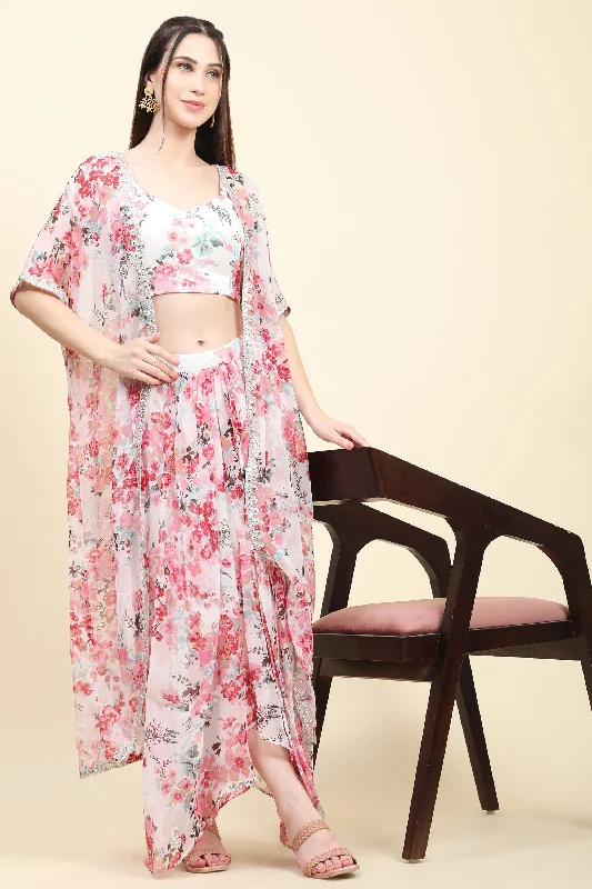 Women's White base Pink Floral print Chiffon Blouse, Cape, Dhoti drape Skirt set - MIRACOLOS by Ruchi asymmetrical skirt cut