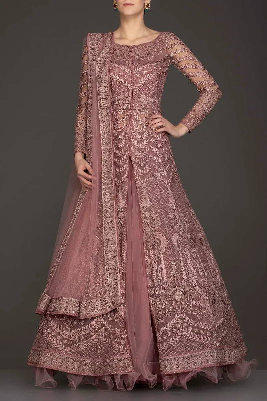 Mauve Colour Jacket Gown With Net Skirt And Net Dupatta Denim Fabric Leather Fabric Suede Fabric