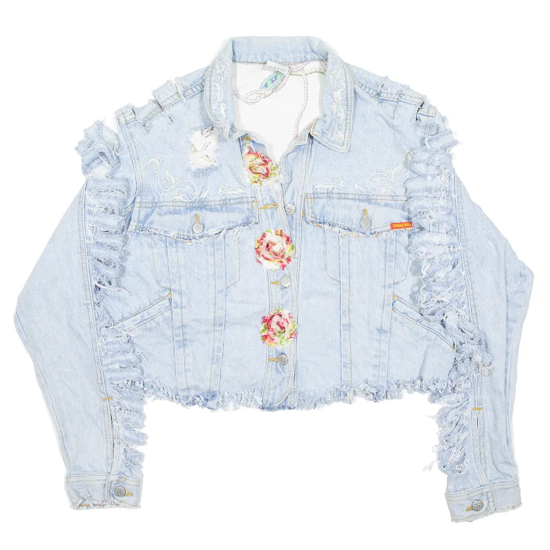 JORDACHE Distressed Beaded Denim Jacket Blue 90s Floral Womens M Tiered Jacket Buttoned Jacket Zippered Jacket