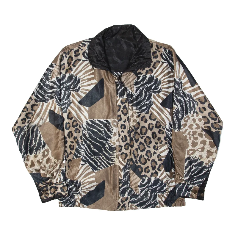 JUST JOSEPHINE Reversible Shell Jacket Brown 90s Animal Print Womens L Zip Front Button Front Snap Front