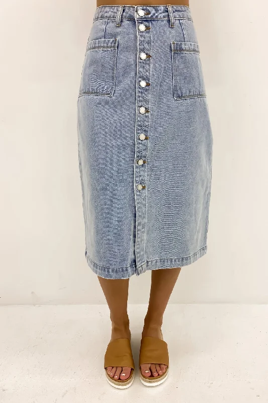 Kaydyn Denim Midi Skirt Blue silk skirt lustrous