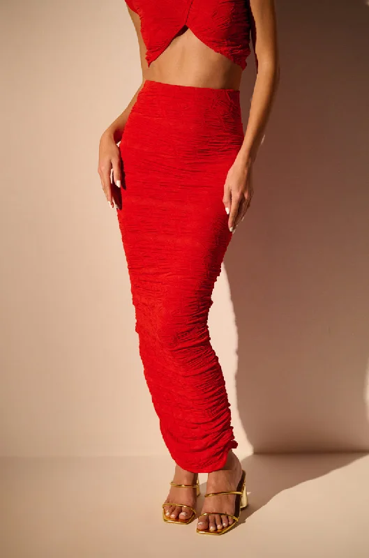 MAYBE NEXT TIME RUCHED MAXI SKIRT IN RED silk skirt lustrous