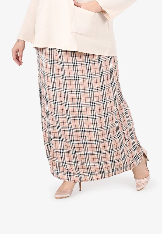 Cesaria Long Checkered Straight Cut Skirt - Peachy Pink zip skirt side