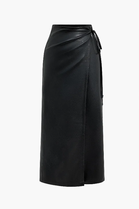 Faux Leather Asymmetrical High Waist Tie-Up Skirt velvet skirt sumptuous