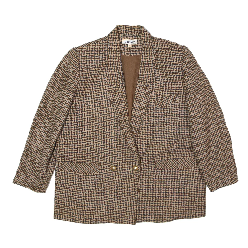 MING YEA Blazer Jacket Brown 90s Houndstooth Womens L Denim Jacket Leather Jacket Suede Jacket