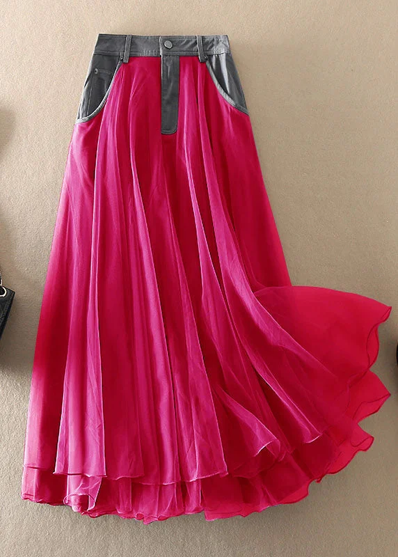 Natural Red high waist Patchwork Tulle Skirts Spring velvet skirt glossy