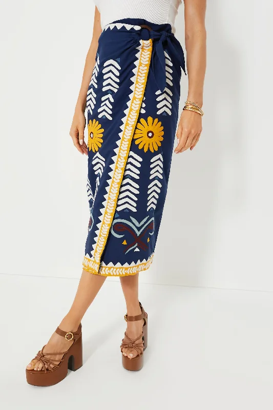 Navy Peony Loren Wrap Skirt flowy skirt hem