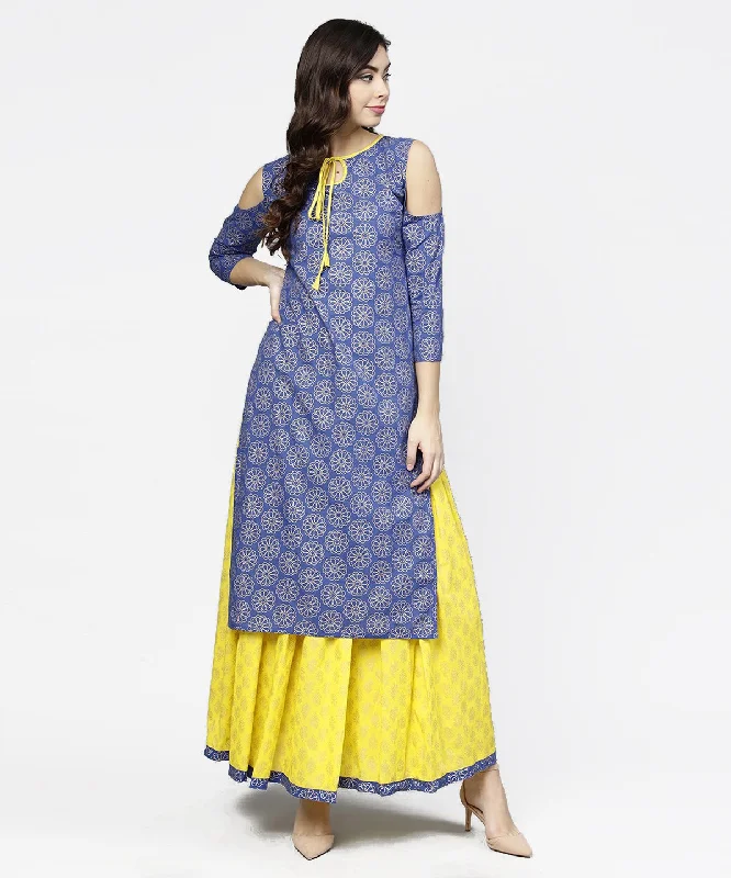 NOZ2TOZ Blue Printed 3/4Th Cold Shoulder Sleeve Kurta With Yellow Flared Skirt high waist skirt