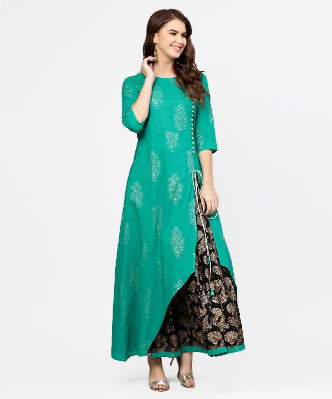 NOZ2TOZ Green 3/4Th Sleeve Cotton Asymmetric Kurta With Black Printed Skirt leather skirt refined