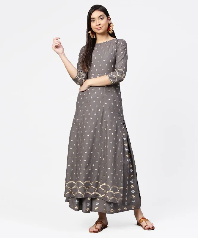 NOZ2TOZ Grey Printed Half Sleeve Cotton Ankle Length Kurta With Flared Ankle Length Skirt denim skirt classic