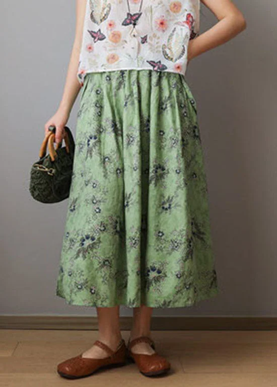 Organic Green elastic waist print Cotton Skirts Spring zip skirt side