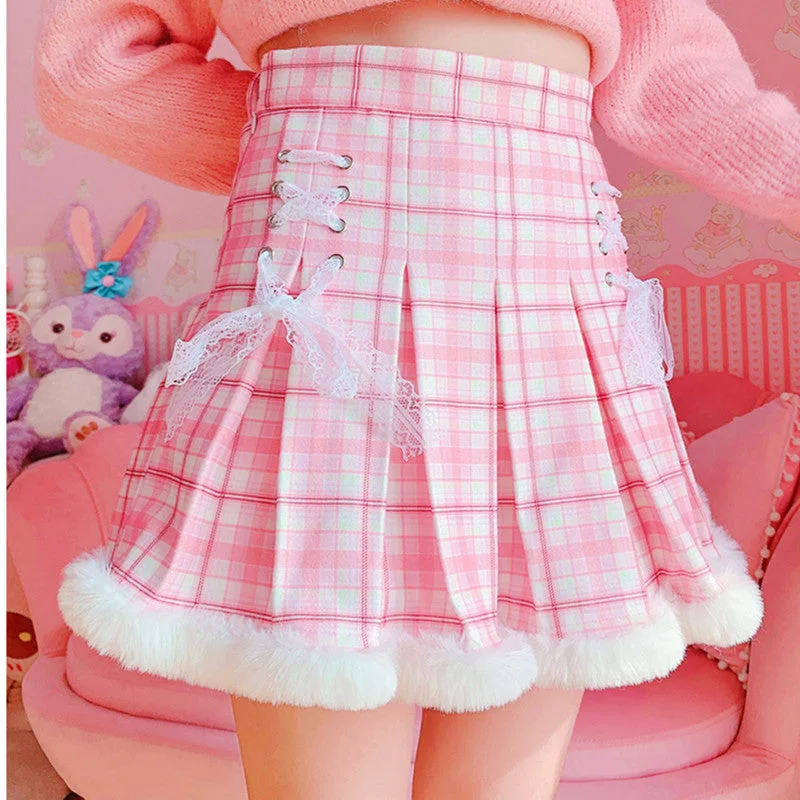 Pink and white plaid pleated skirt YV43619 patchwork skirt art