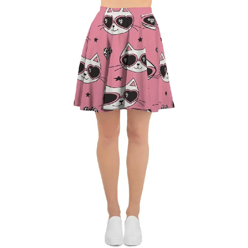 Pink Cat Print Women's Skirt button skirt front