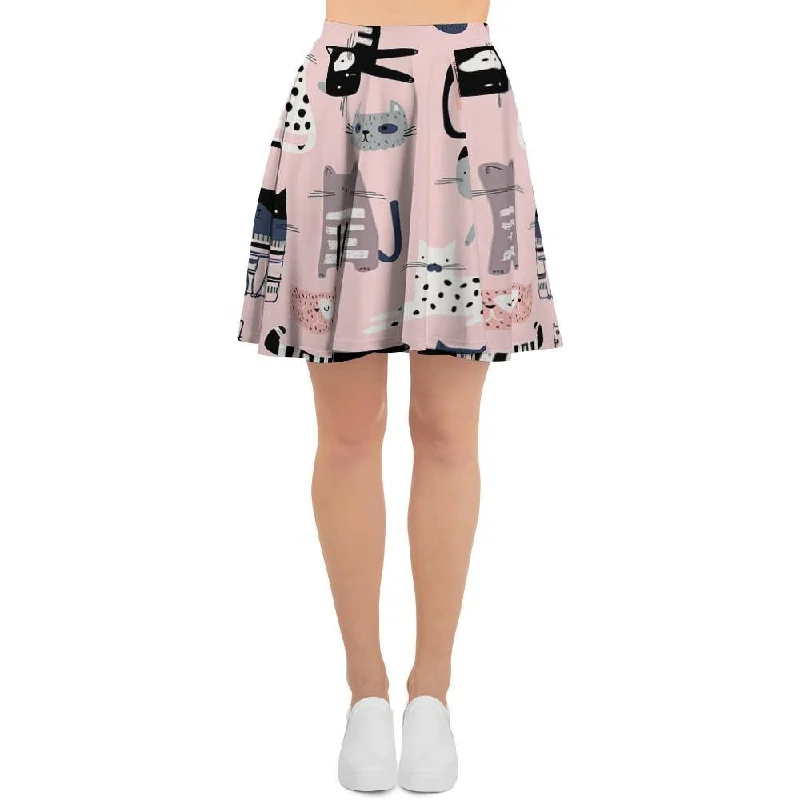 Pink Cute Cat Print Women's Skirt pleated skirt texture