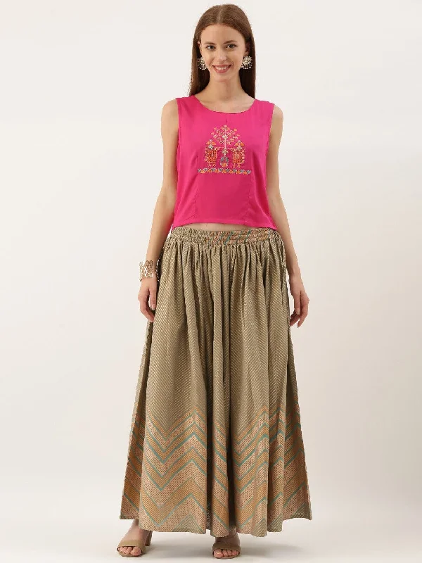 Women's Pink & Golden Embroidered Top with Skirt - Varanga corduroy skirt cozy