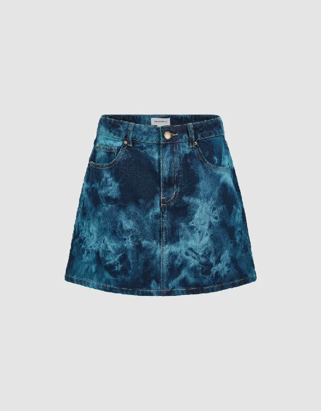 Printed Mini A-Line Denim Skirt button skirt front