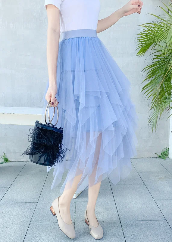 Style Light Blue Asymmetrical Elastic Waist Tulle Skirts Summer wool skirt sturdy