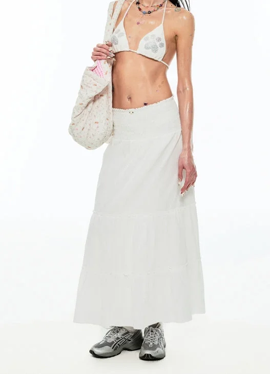 White Elastic-Waist A-line Pleated Midi Skirt asymmetrical skirt cut