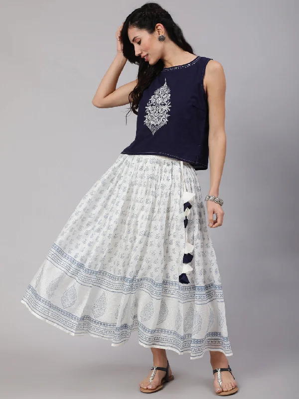 Women's White & Navy Embroidered Top With Hand Blue Block Printed Skirt Set - Aks chiffon skirt lightweight