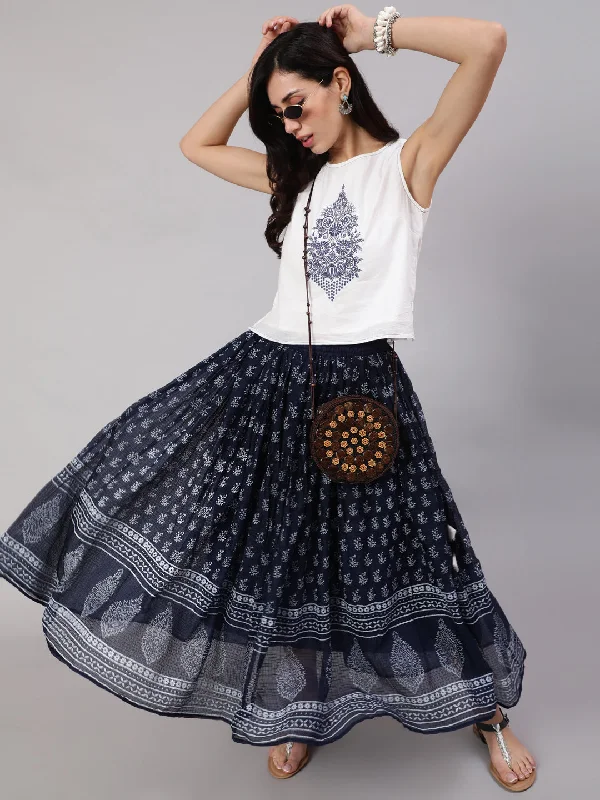 Women's Navy Blue & White Embroidered  Top With Hand  Block Printed Skirt Set - Aks denim skirt durable